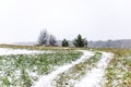Winter Christmas landscape natural background of road path bends through field, trees, snow falling