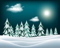Winter Christmas Landscape Vector Background with snow covered hills, deer, ribbon banner