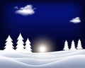 Winter Christmas Landscape Vector Background with snow covered hills, deer, ribbon banner