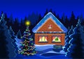 Winter christmas landscape vector drawing. Night winter snow forest, decorated with luminous garlands rustic brick house and decor Royalty Free Stock Photo