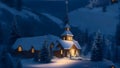 Winter christmas landscape with wooden church in the mountains at night Royalty Free Stock Photo