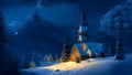 Winter christmas landscape with wooden church in the mountains at night Royalty Free Stock Photo