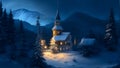 Winter christmas landscape with wooden church in the mountains at night Royalty Free Stock Photo