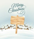 Winter Christmas landscape with a wooden ornate sign background.