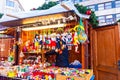 Winter christmas market - puppet toys. Decoration and wooden vintage toy is prepared for sell