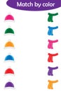 Winter christmas matching game for children, connect colorful hats with same color scarfes, preschool worksheet activity for kids,