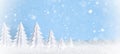 Winter Christmas minimalist background frosty baner with white paper trees on blue .