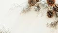 Winter Christmas and new year background with copy space - snow covered branches with pinecones and white backdrop