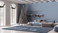 Winter, Christmas, New Year interior design in minimal living room with parquet floor and vaulted ceiling. Sofa and carpet, white