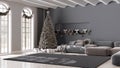 Winter, Christmas, New Year interior design in minimal living room with parquet floor and vaulted ceiling. Sofa and carpet, white