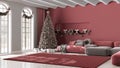 Winter, Christmas, New Year interior design in minimal living room with parquet floor and vaulted ceiling. Sofa and carpet, white