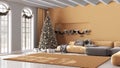 Winter, Christmas, New Year interior design in minimal living room with parquet floor and vaulted ceiling. Sofa and carpet, white