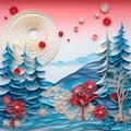 Winter Christmas painting made of paper using the quilling technique. Fairytale landscape