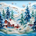 Winter Christmas painting made of paper using the quilling technique. Fairytale landscape