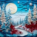 Winter Christmas painting made of paper using the quilling technique. Fairytale landscape