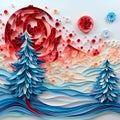 Winter Christmas painting made of paper using the quilling technique. Fairytale landscape