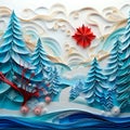 Winter Christmas painting made of paper using the quilling technique. Fairytale landscape