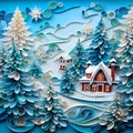 Winter Christmas painting made of paper using the quilling technique. Fairytale landscape