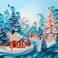 Winter Christmas painting made of paper using the quilling technique. Fairytale landscape