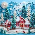 Winter Christmas painting made of paper using the quilling technique. Fairytale landscape