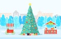 Christmas Tree near Trees and Buildings Vector