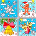 Winter and Christmas picture icons for designing themed projects - snowfall, gingerbread man cookie, bell ornament, giftbox with b