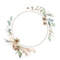 Watercolor round frame with winter christmas plants, leaves, branches, pine, flowers in brown and green Royalty Free Stock Photo