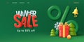 Winter Christmas Sale poster with 3d render composition of big percent sign and Christmas tree with gift box and