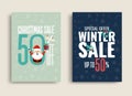 Winter and Christmas sale vector poster or banner set with discount text and Santa Claus elements in blue and green background for Royalty Free Stock Photo