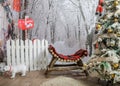 Winter Christmas scenic. New Year`s winter scenery in the studio. Christmas background decorated for photo session