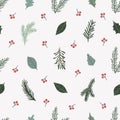 Winter Christmas seamless pattern with botanical flowers, spruce, leaves, berries Royalty Free Stock Photo