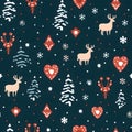 Winter and Christmas seamless pattern with Christmas tree, reindeer, snow, and heart. Winter holiday background. Textile or Royalty Free Stock Photo