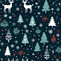 Winter and Christmas seamless pattern with Christmas tree, reindeer, snow, and heart. Winter holiday background. Textile or Royalty Free Stock Photo