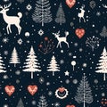 Winter and Christmas seamless pattern with Christmas tree, reindeer, snow, and heart. Winter holiday background. Textile or Royalty Free Stock Photo