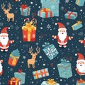 Winter and Christmas seamless pattern with Santa Claus, Merry Xmas gifts, and reindeer. Winter holiday background. Textile or Royalty Free Stock Photo