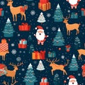 Winter and Christmas seamless pattern with Santa Claus, Merry Xmas gifts, and reindeer. Winter holiday background. Textile or Royalty Free Stock Photo