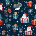 Winter and Christmas seamless pattern with Santa Claus, Merry Xmas gifts, and reindeer. Winter holiday background. Textile or Royalty Free Stock Photo