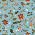 Christmas Seasonal Foliage Flowers Twigs And Branches, Star And Snowflakes Seamless Pattern Texture Background