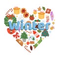Winter and Christmas time vector illustrations on white background in heart shape. Winter holiday elements and objects