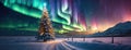 Winter Christmas tree with northern lights in background. Night snowy forest landscape with a road going into the Royalty Free Stock Photo