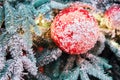 Winter christmas tree with red snowy green branches and balls, close up Royalty Free Stock Photo