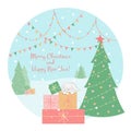 Winter and Christmas Vector illustration with Merry Christmas and Happy New Year phras.