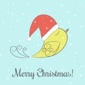 Winter and Christmas Vector illustration with Merry Christmas phrase and yellow fabulous bird flying in the snow.