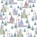Winter Christmas village. Decorative vector illustration of nature, village, houses, trees.