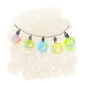 Winter Christmas vintage greeting card with light colorful garland