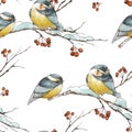 Winter Christmas vintage seamless pattern with rustic branches, red berries, birds titmouse