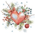 Winter Christmas watercolor natural greeting card with red heart