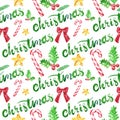 Winter Christmas watercolor seamless pattern with candy canes, red ribbon, holly on white background Royalty Free Stock Photo