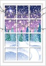 Winter Christmas window with a view of the snowy forest. Christmas card.