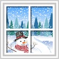 Winter Christmas window with a view of the snowy forest. Christmas card. winter window with the landscape and snowman Royalty Free Stock Photo